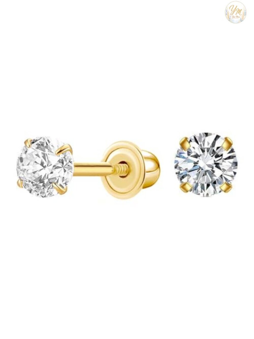 14K Yellow Gold CZ Stud Earrings with Secure Screw Backs